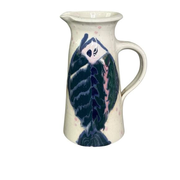 Handmade Pottery Vintage Pitcher Fish Design Signed Studio Art Ceramic 8" Tall - Picture 2 of 12